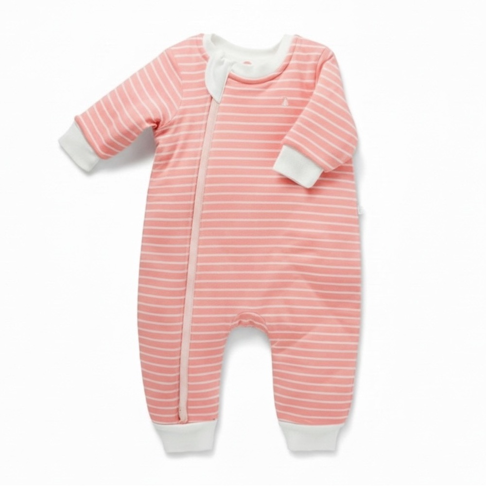 Little Green & Co Coral White Stripe Sleep Suit 2.0 Tog Quilted 2-way Zip 6-12